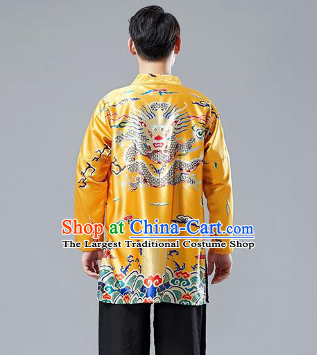 Top Chinese Tang Suit Printing Dragon Yellow Cardigan Traditional Tai Chi Kung Fu Jacket Costume for Men