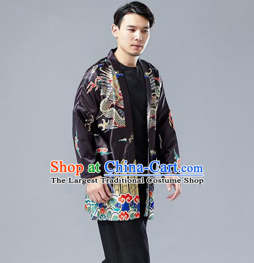 Top Chinese Tang Suit Printing Dragon Black Cardigan Traditional Tai Chi Kung Fu Jacket Costume for Men