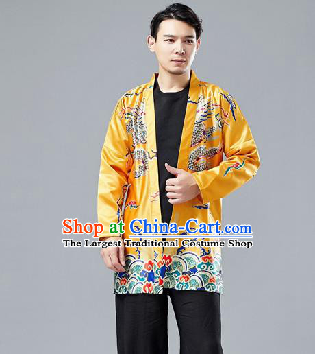 Top Chinese Tang Suit Printing Dragon Yellow Cardigan Traditional Tai Chi Kung Fu Jacket Costume for Men