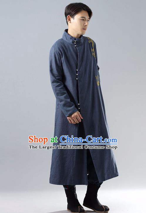 Top Chinese Tang Suit Embroidered Navy Dust Coat Traditional Tai Chi Kung Fu Overcoat Costume for Men