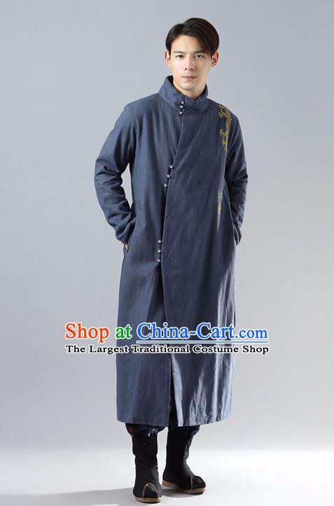 Top Chinese Tang Suit Embroidered Navy Dust Coat Traditional Tai Chi Kung Fu Overcoat Costume for Men
