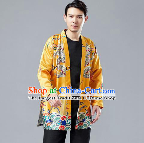 Top Chinese Tang Suit Printing Dragon Yellow Cardigan Traditional Tai Chi Kung Fu Jacket Costume for Men