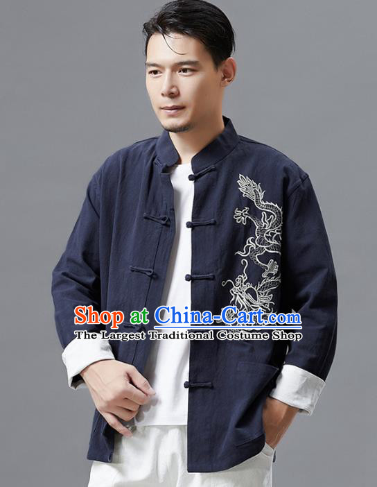 Top Chinese Tang Suit Embroidered Navy Flax Jacket Traditional Tai Chi Kung Fu Overcoat Costume for Men