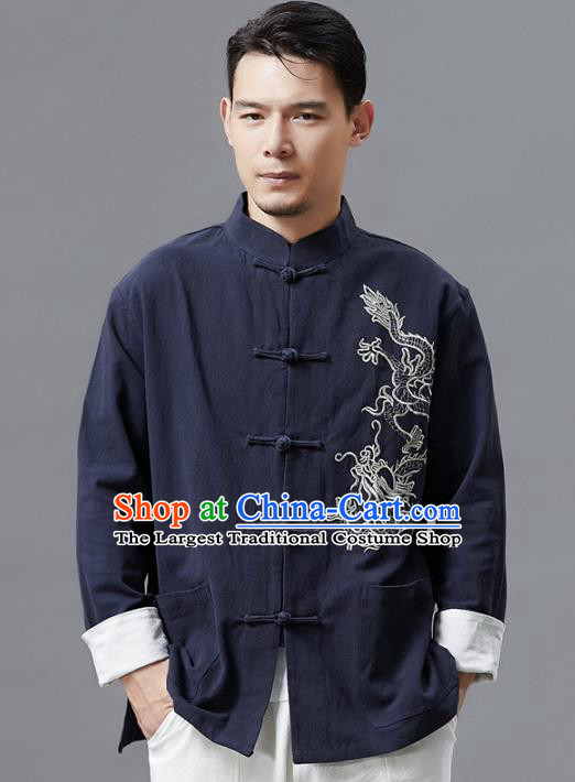 Top Chinese Tang Suit Embroidered Navy Flax Jacket Traditional Tai Chi Kung Fu Overcoat Costume for Men