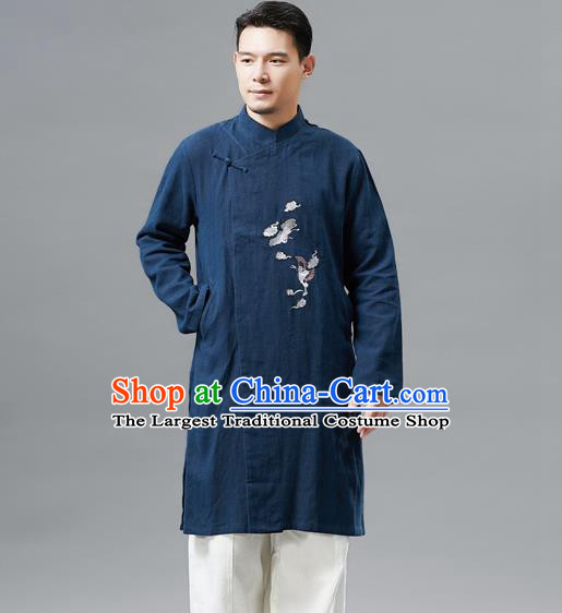 Top Chinese Tang Suit Embroidered Crane Navy Flax Jacket Traditional Tai Chi Kung Fu Overcoat Costume for Men