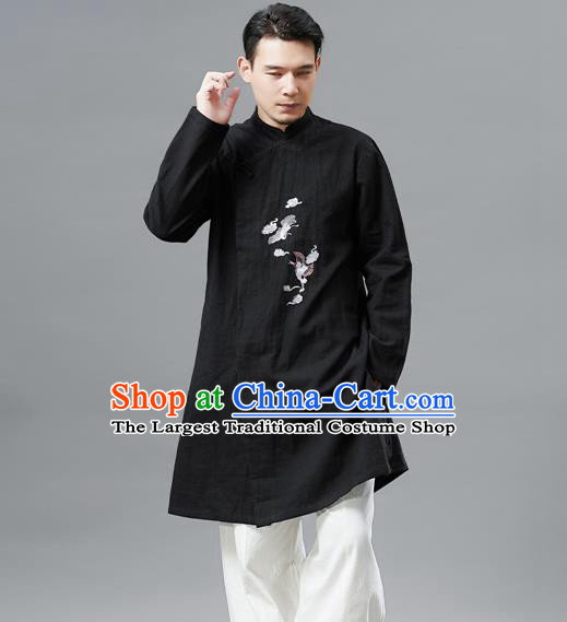 Top Chinese Tang Suit Embroidered Crane Black Flax Jacket Traditional Tai Chi Kung Fu Overcoat Costume for Men