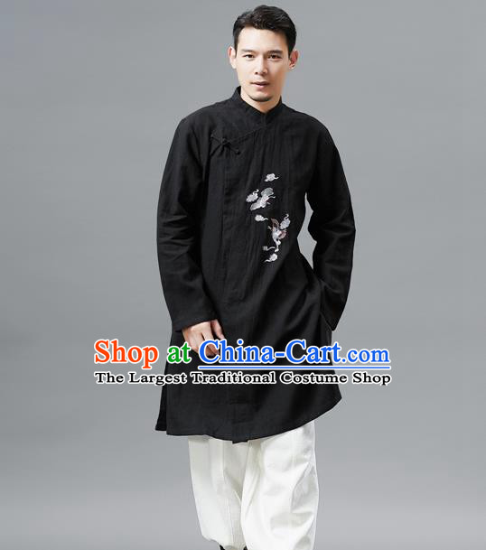 Top Chinese Tang Suit Embroidered Crane Black Flax Jacket Traditional Tai Chi Kung Fu Overcoat Costume for Men