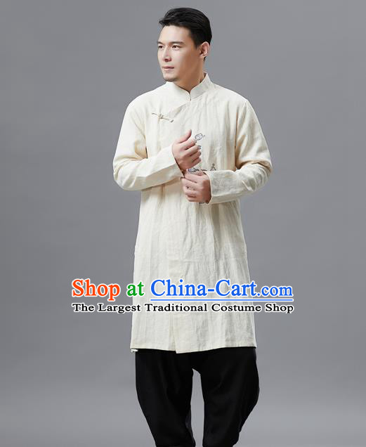 Top Chinese Tang Suit Embroidered Crane Beige Flax Jacket Traditional Tai Chi Kung Fu Overcoat Costume for Men