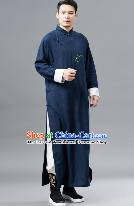 Top Chinese Tang Suit Embroidered Bamboo Navy Flax Robe Traditional Republic of China Kung Fu Gown Costumes for Men