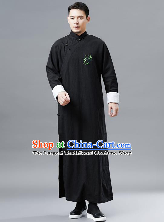 Top Chinese Tang Suit Embroidered Bamboo Black Flax Robe Traditional Republic of China Kung Fu Gown Costumes for Men