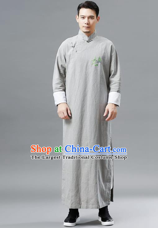 Top Chinese Tang Suit Embroidered Bamboo Grey Flax Robe Traditional Republic of China Kung Fu Gown Costumes for Men