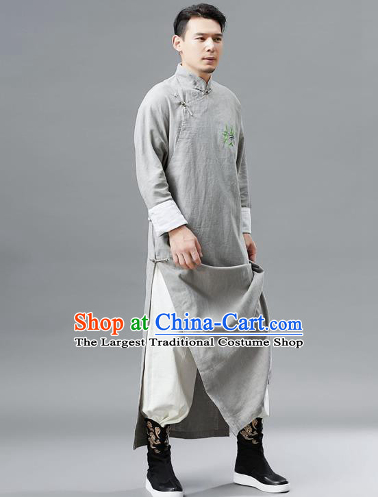 Top Chinese Tang Suit Embroidered Bamboo Grey Flax Robe Traditional Republic of China Kung Fu Gown Costumes for Men
