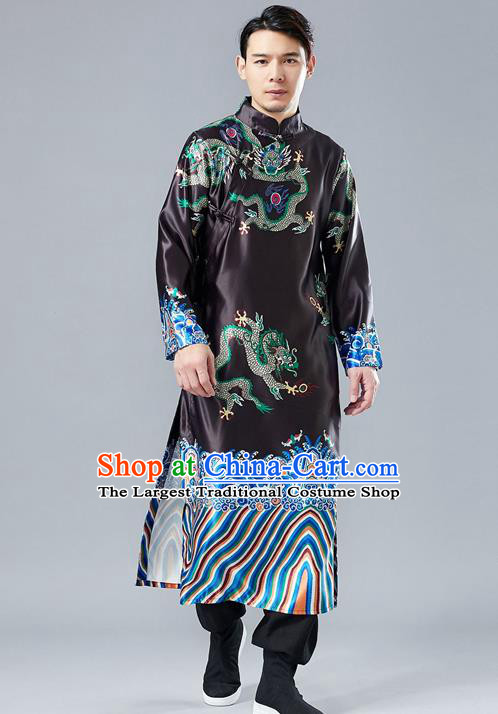 Top Chinese Tang Suit Printing Dragon Black Robe Traditional Republic of China Kung Fu Gown Costumes for Men