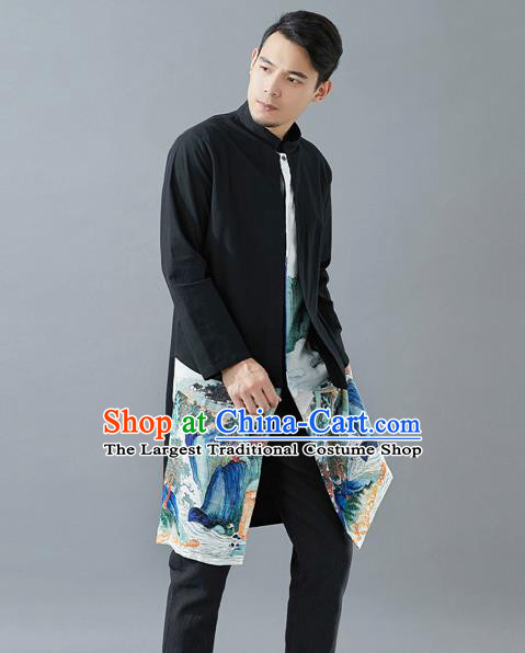 Top Chinese Tang Suit Printing Black Long Coat Traditional Tai Chi Kung Fu Overcoat Costume for Men