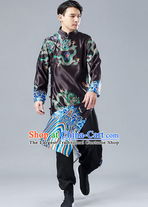 Top Chinese Tang Suit Printing Dragon Black Robe Traditional Republic of China Kung Fu Gown Costumes for Men