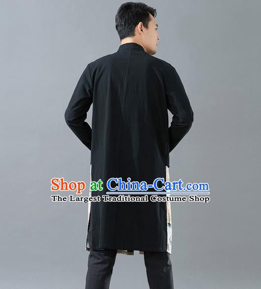 Top Chinese Tang Suit Printing Black Long Coat Traditional Tai Chi Kung Fu Overcoat Costume for Men
