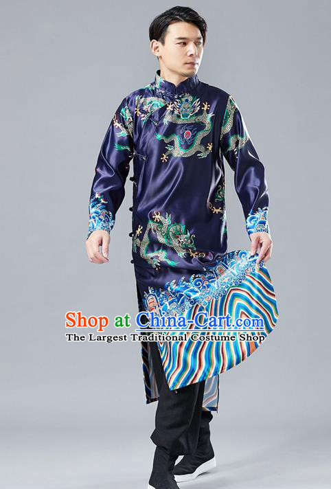 Top Chinese Tang Suit Printing Dragon Navy Robe Traditional Republic of China Kung Fu Gown Costumes for Men