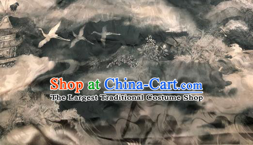 Chinese Traditional Cloud Crane Design Pattern Grey Silk Fabric Cheongsam Gambiered Guangdong Gauze Drapery