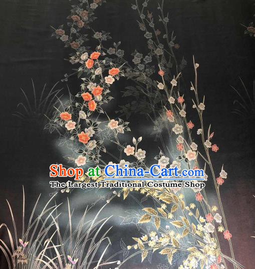 Chinese Traditional Primrose Design Pattern Black Silk Fabric Cheongsam Gambiered Guangdong Gauze Drapery