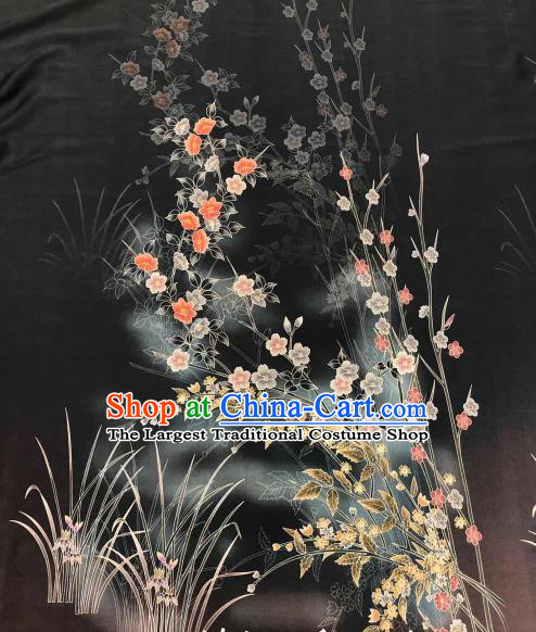 Chinese Traditional Primrose Design Pattern Black Silk Fabric Cheongsam Gambiered Guangdong Gauze Drapery