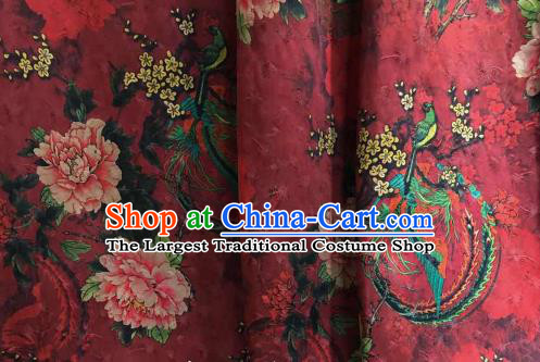 Chinese Traditional Phoenix Peony Design Pattern Dark Red Silk Fabric Cheongsam Gambiered Guangdong Gauze Drapery