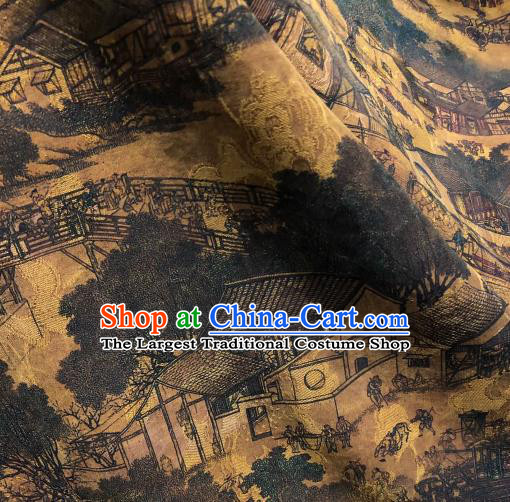 Chinese Traditional Riverside Scene at Qingming Festival Design Pattern Silk Fabric Cheongsam Gambiered Guangdong Gauze Drapery