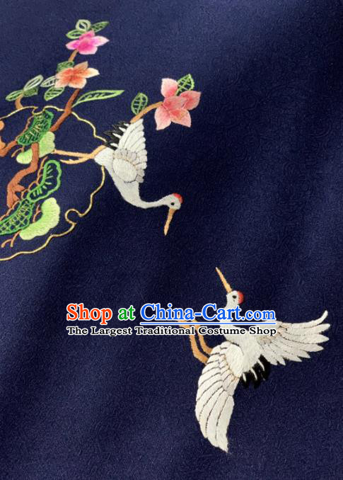 Chinese Classical Embroidered Crane Pine Pattern Design Navy Silk Fabric Asian Traditional Hanfu Brocade Material