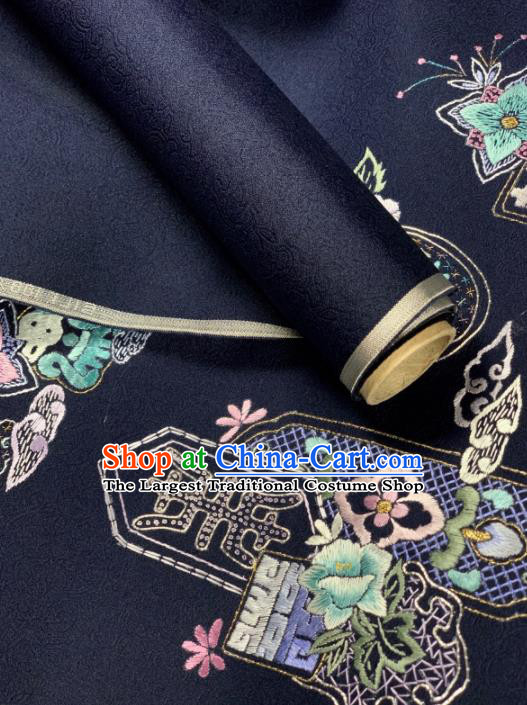 Chinese Classical Embroidered Pattern Design Navy Silk Fabric Asian Traditional Hanfu Brocade Material