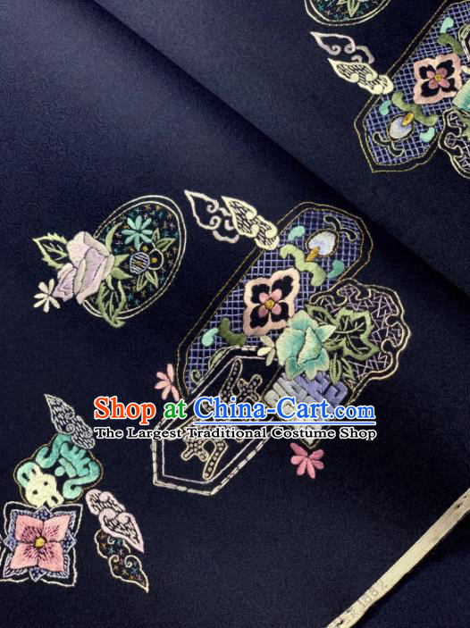 Chinese Classical Embroidered Pattern Design Navy Silk Fabric Asian Traditional Hanfu Brocade Material