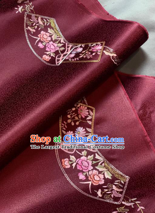 Chinese Classical Embroidered Crane Peony Pattern Design Wine Red Silk Fabric Asian Traditional Hanfu Brocade Material
