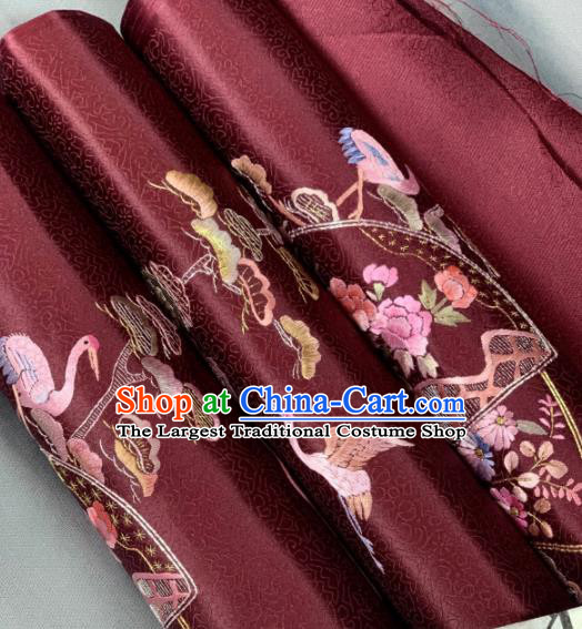 Chinese Classical Embroidered Crane Peony Pattern Design Wine Red Silk Fabric Asian Traditional Hanfu Brocade Material