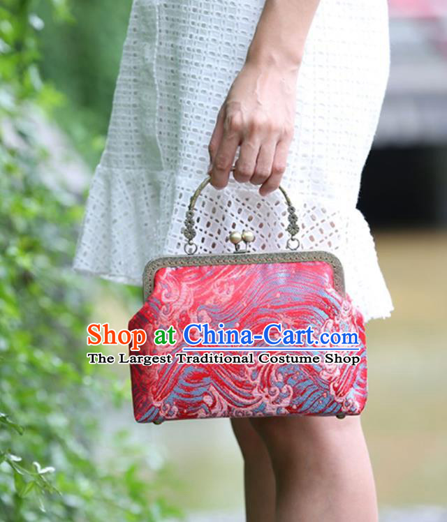 Chinese Traditional Wave Pattern Red Brocade Bag Handmade Cheongsam Handbag for Women