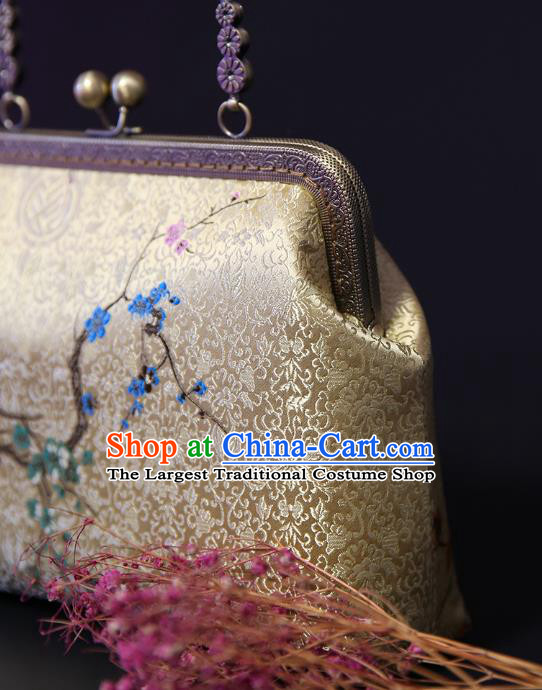 Chinese Traditional Plum Blossom Pattern Golden Brocade Bag Handmade Cheongsam Silk Handbag for Women