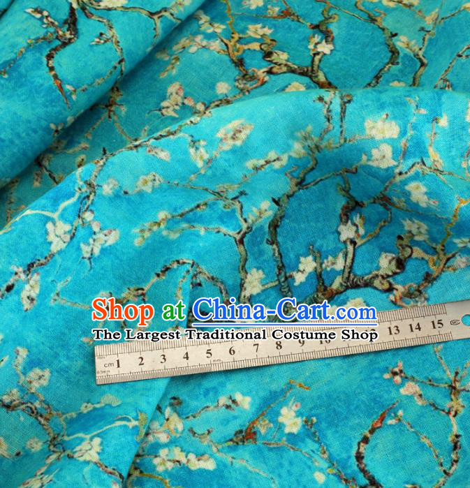 Chinese Traditional Pear Flowers Design Pattern Blue Ramie Fabric Cheongsam Ramee Drapery
