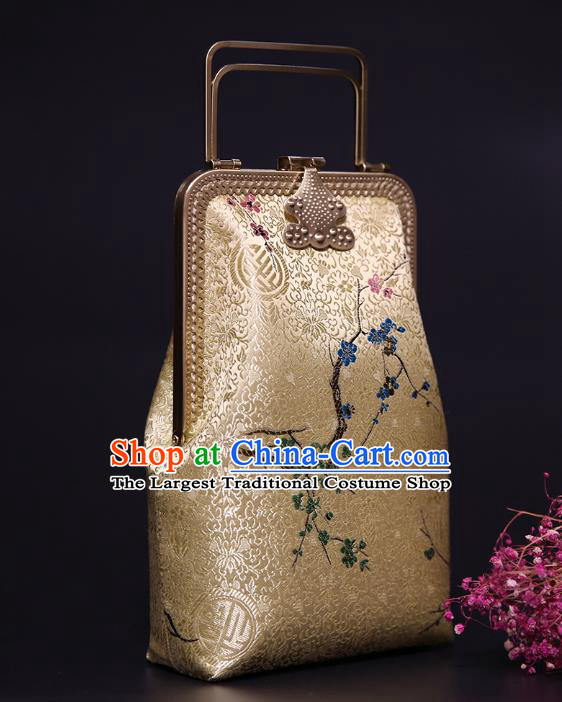 Chinese Traditional Plum Blossom Pattern Golden Brocade Bag Handmade Cheongsam Silk Handbag for Women