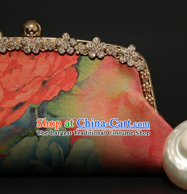 Chinese Traditional Peony Pattern Red Brocade Bag Handmade Cheongsam Silk Handbag for Women