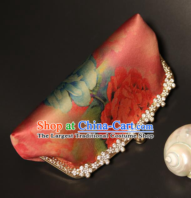 Chinese Traditional Peony Pattern Red Brocade Bag Handmade Cheongsam Silk Handbag for Women