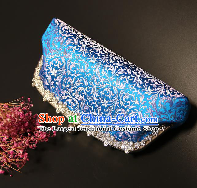Chinese Traditional Wheat Floret Pattern Blue Brocade Bag Handmade Cheongsam Silk Handbag for Women