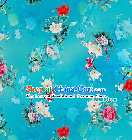 Chinese Classical Magnolia Pattern Design Blue Silk Fabric Asian Traditional Hanfu Mulberry Silk Material