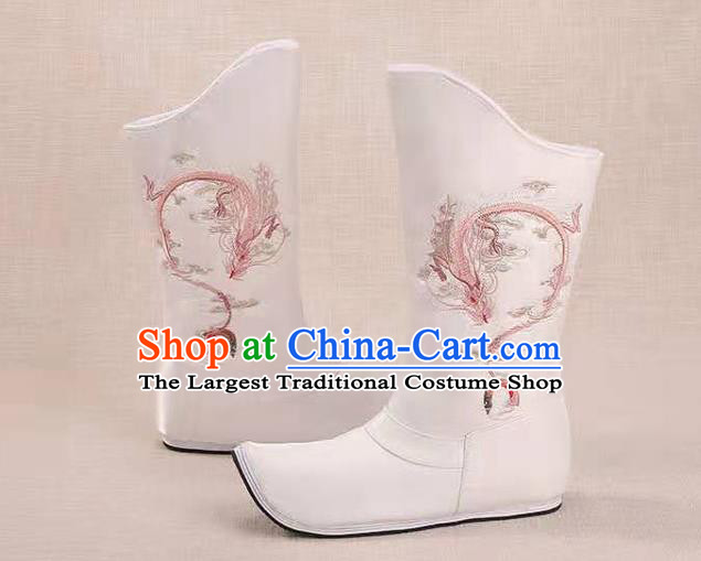 Traditional Chinese Embroidered Dragon White Boots Kung Fu Boots Opera Shoes Hanfu Shoes for Women