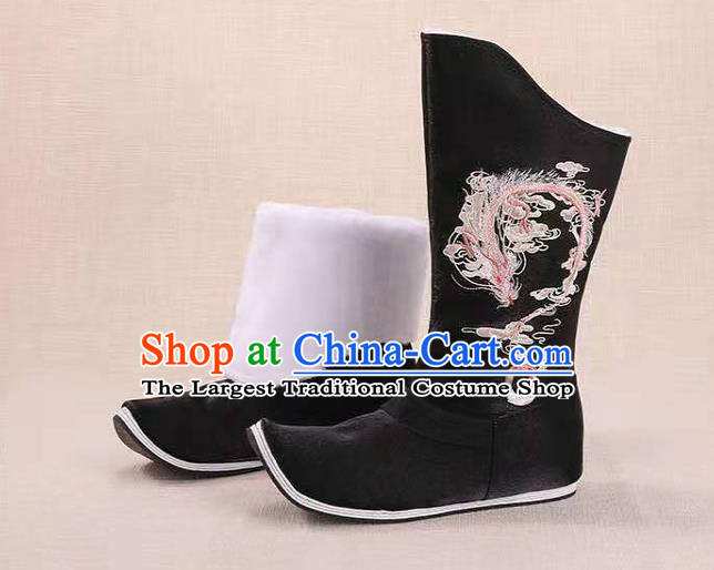 Traditional Chinese Embroidered Dragon Black Boots Kung Fu Boots Opera Shoes Hanfu Shoes for Women
