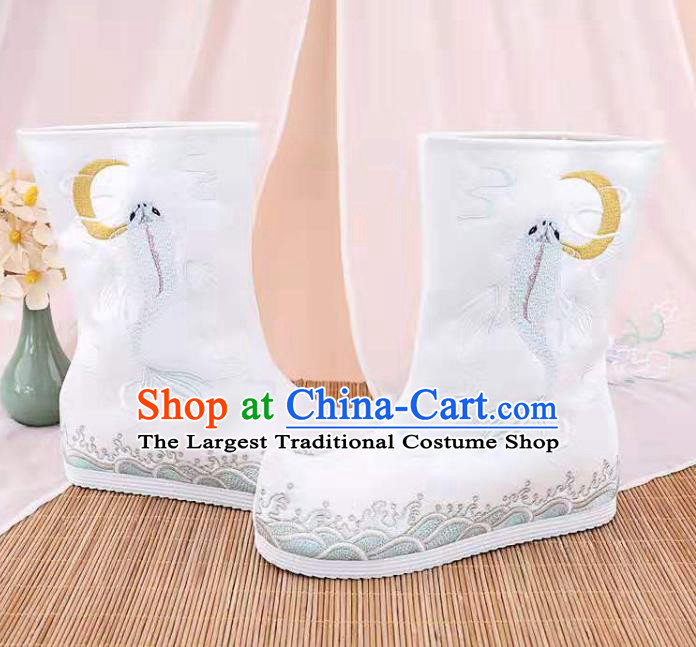 Traditional Chinese Embroidered Fish White Boots Kung Fu Boots Opera Shoes Hanfu Shoes for Women