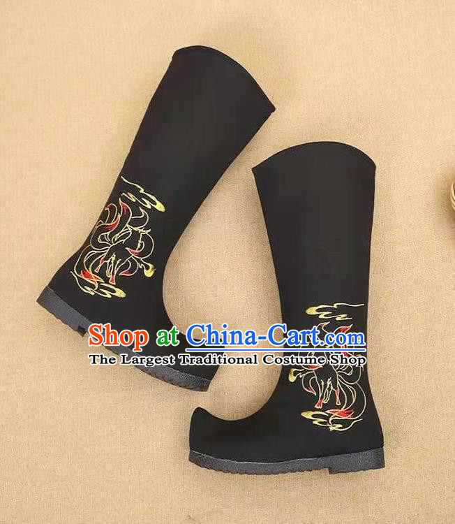 Traditional Chinese Embroidered Nine Tailed Fox Black Boots Kung Fu Boots Opera Shoes Hanfu Shoes for Women
