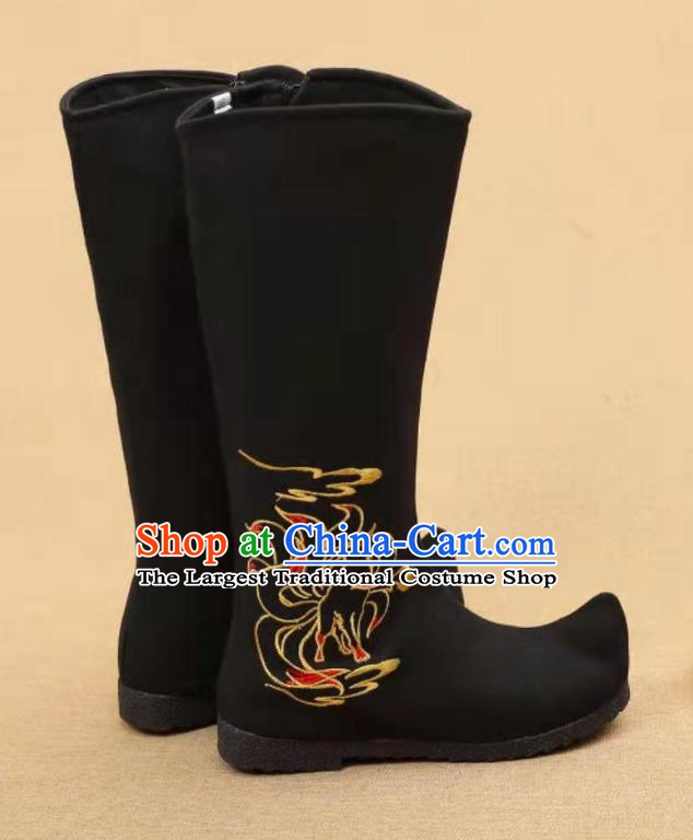 Traditional Chinese Embroidered Nine Tailed Fox Black Boots Kung Fu Boots Opera Shoes Hanfu Shoes for Women