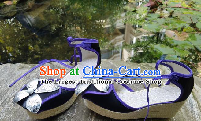 Traditional Chinese Handmade Black Wedge Heel Shoes Women Yunnan National Shoes Embroidered Sandal