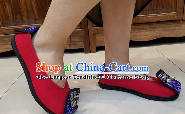 Traditional Chinese Handmade Silver Tassel Red Shoes Yunnan National Shoes Embroidered Sandal for Women