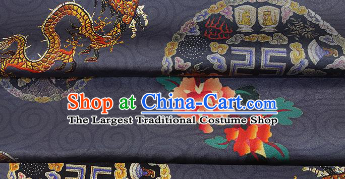 Chinese Classical Dragon Peony Pattern Design Navy Silk Fabric Asian Traditional Hanfu Mulberry Silk Material