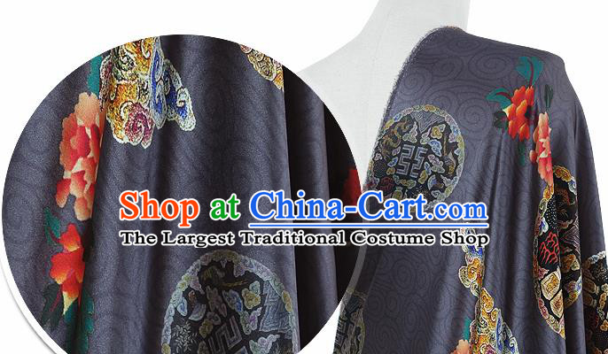 Chinese Classical Dragon Peony Pattern Design Navy Silk Fabric Asian Traditional Hanfu Mulberry Silk Material