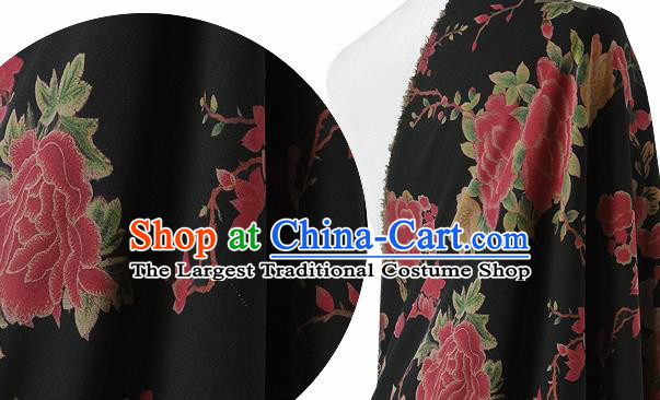 Chinese Classical Peony Magnolia Pattern Design Black Silk Fabric Asian Traditional Hanfu Mulberry Silk Material
