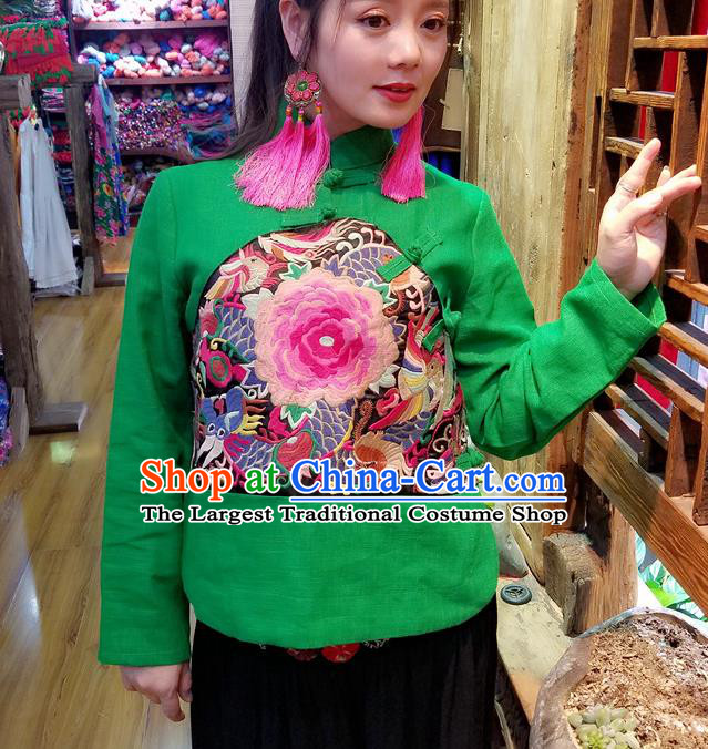 Traditional Chinese Embroidered Peony Green Shirt National Cheongsam Blouse Costume for Women